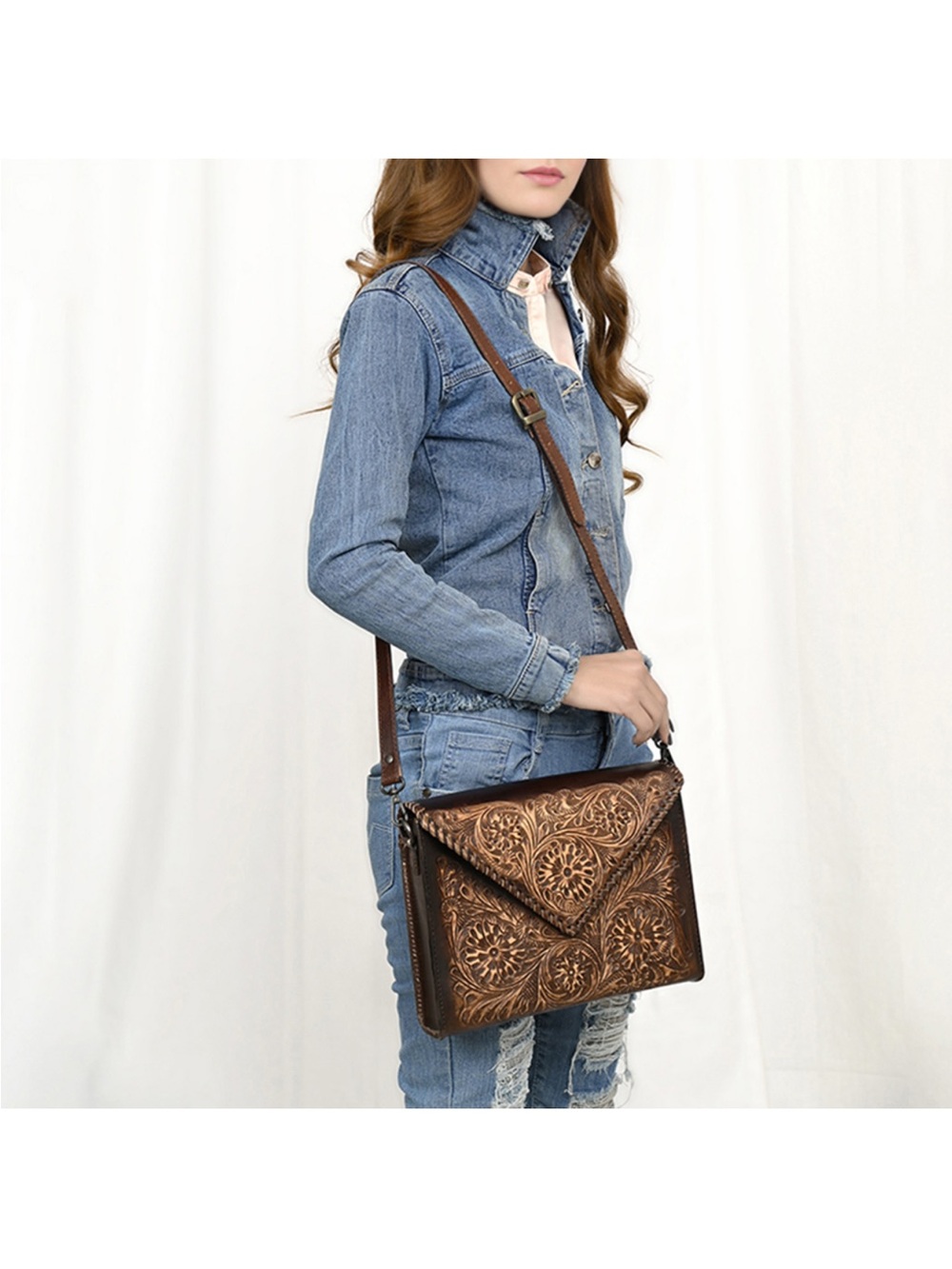 American Darling Tooled Leather Envelope Crossbody Bag - Brown